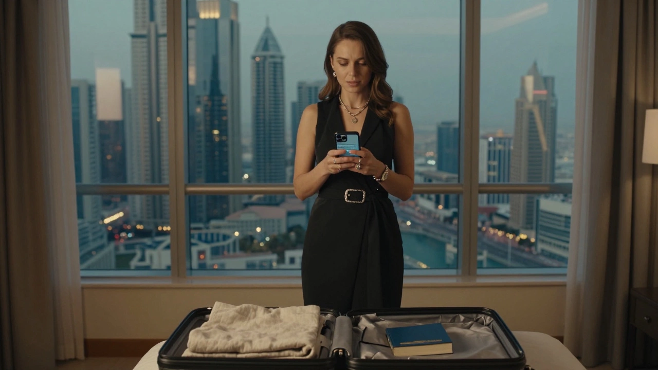 A confident Russian woman in Dubai holding a smartphone, elegant attire, city skyline behind her.