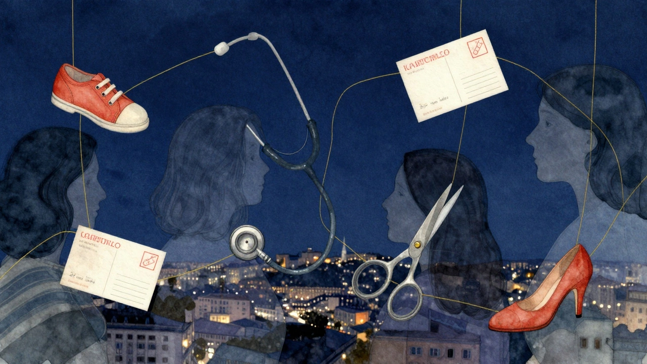 A symbolic tapestry of everyday objects connected by golden threads, representing the hidden lives of women in Marseille&#039;s night economy.