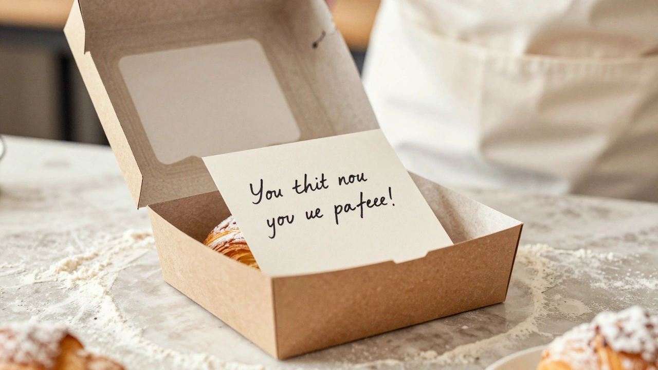 Handwritten note inside a pastry box on a bakery counter with morning light.