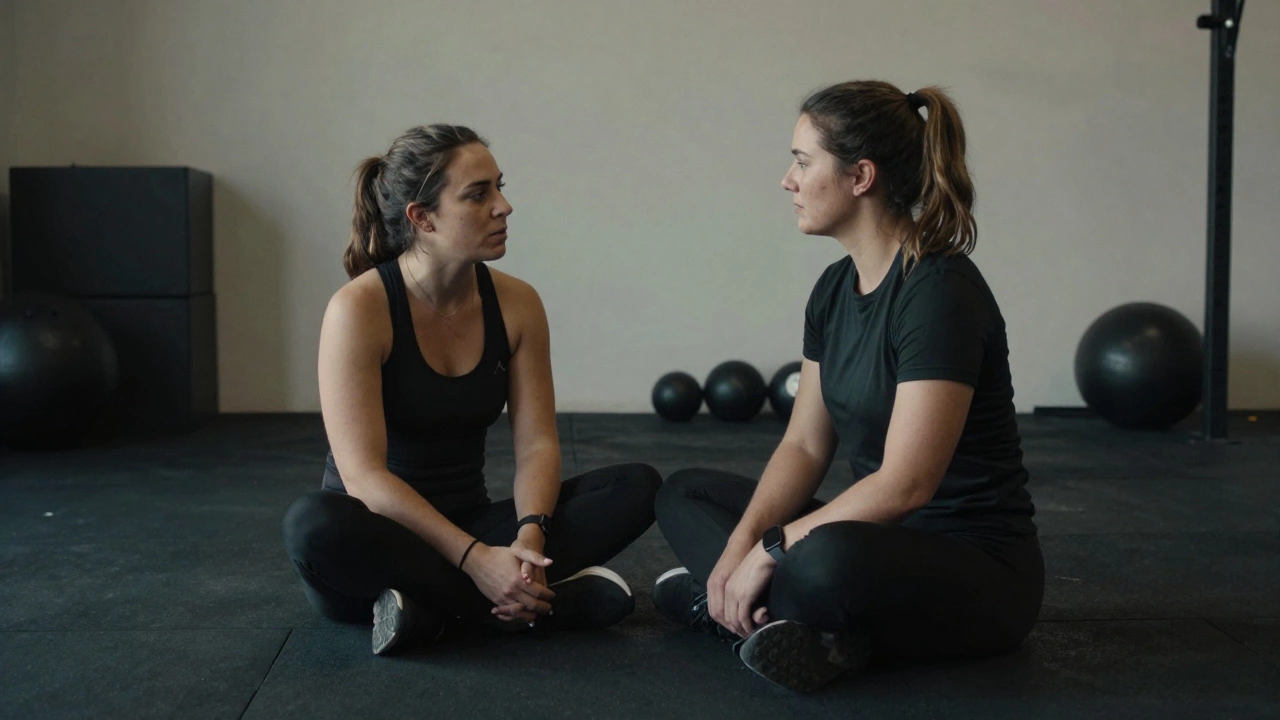 Personal trainer listening attentively to a client during a quiet conversation.